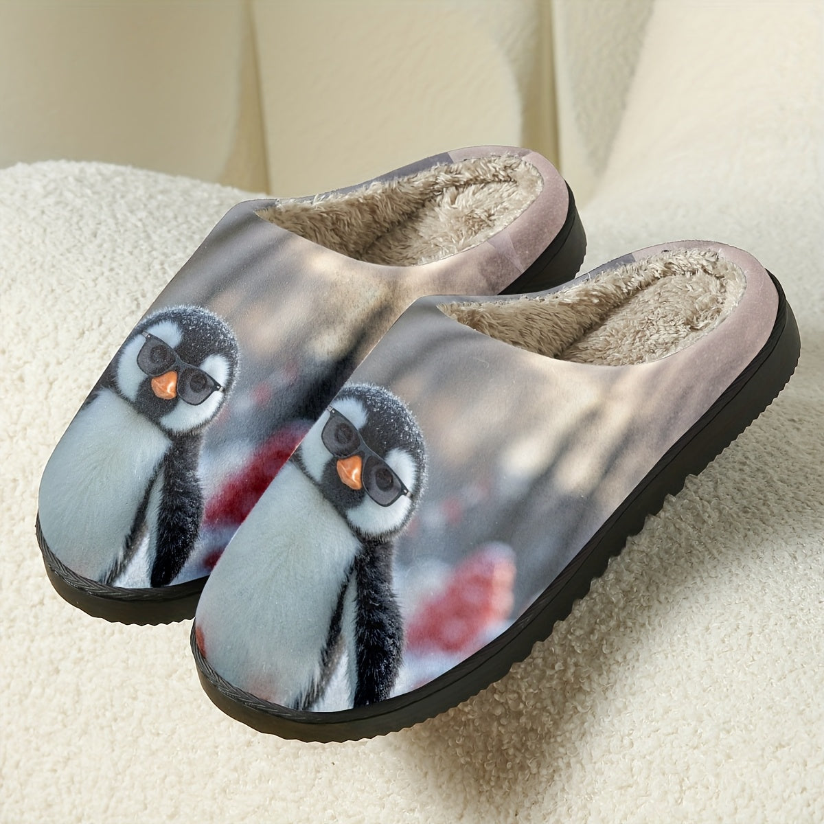 Women's Penguin Print Slip-On Slippers - All-Season Indoor House Shoes with Soft Fabric Upper & TPR Sole, Cute Animal Design for Cozy Home Comfort, Cute Slippers